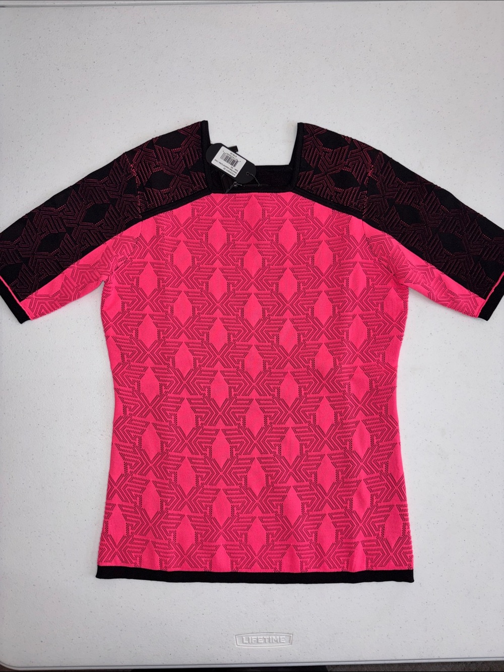 PXG Women Knit Top XS Pink & Black Geometric Shrt Sleeve Shadow Jaquard Golf NWT
